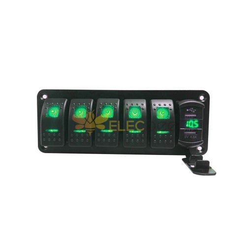Interruptor de controle de combinação de 5 vias para veículo com indicador de tensão de carregamento USB duplo adequado para luz verde DC12-24V