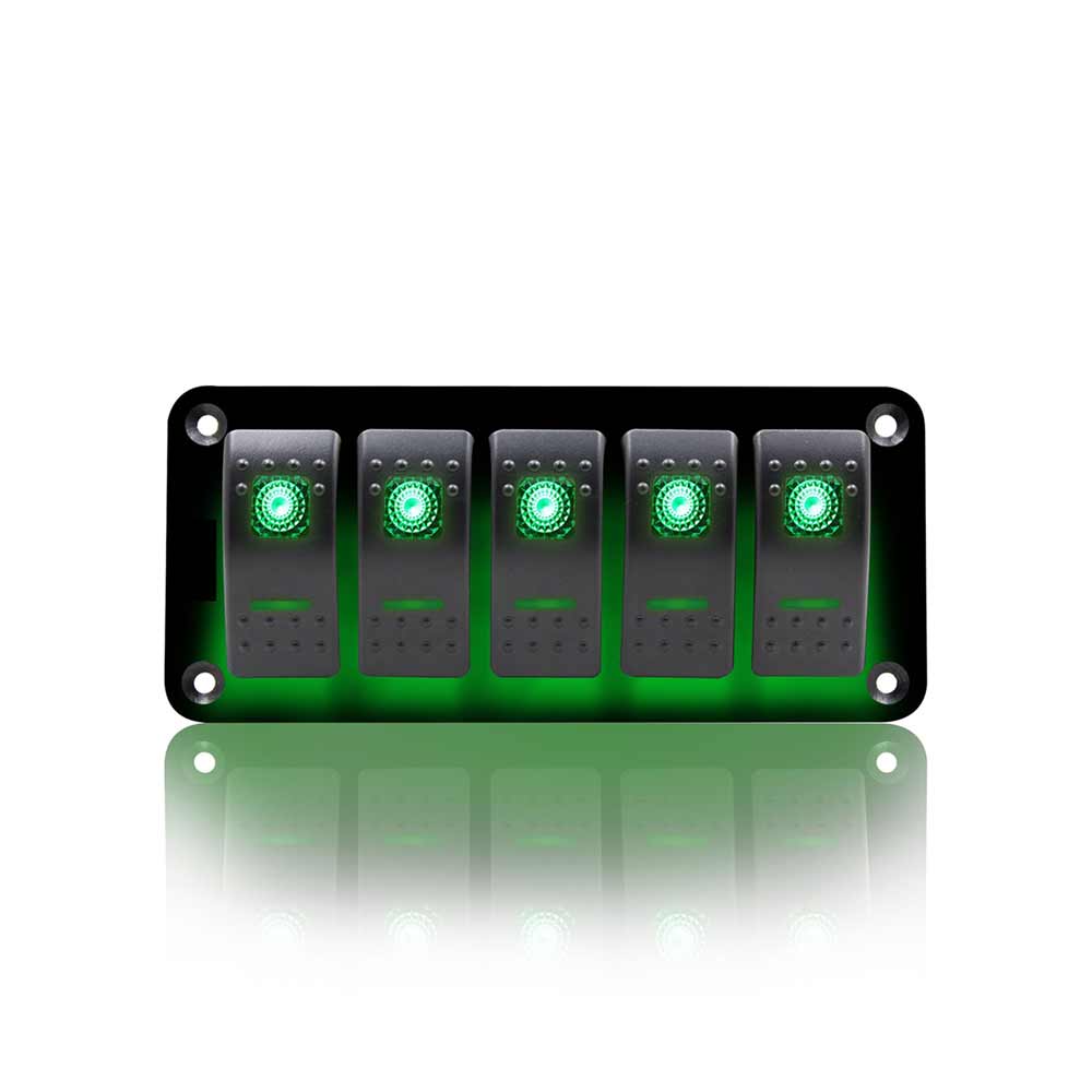 Versatile 5 Way Marine Rocker Switch Panel Power Control DC12-24V Green Backlit