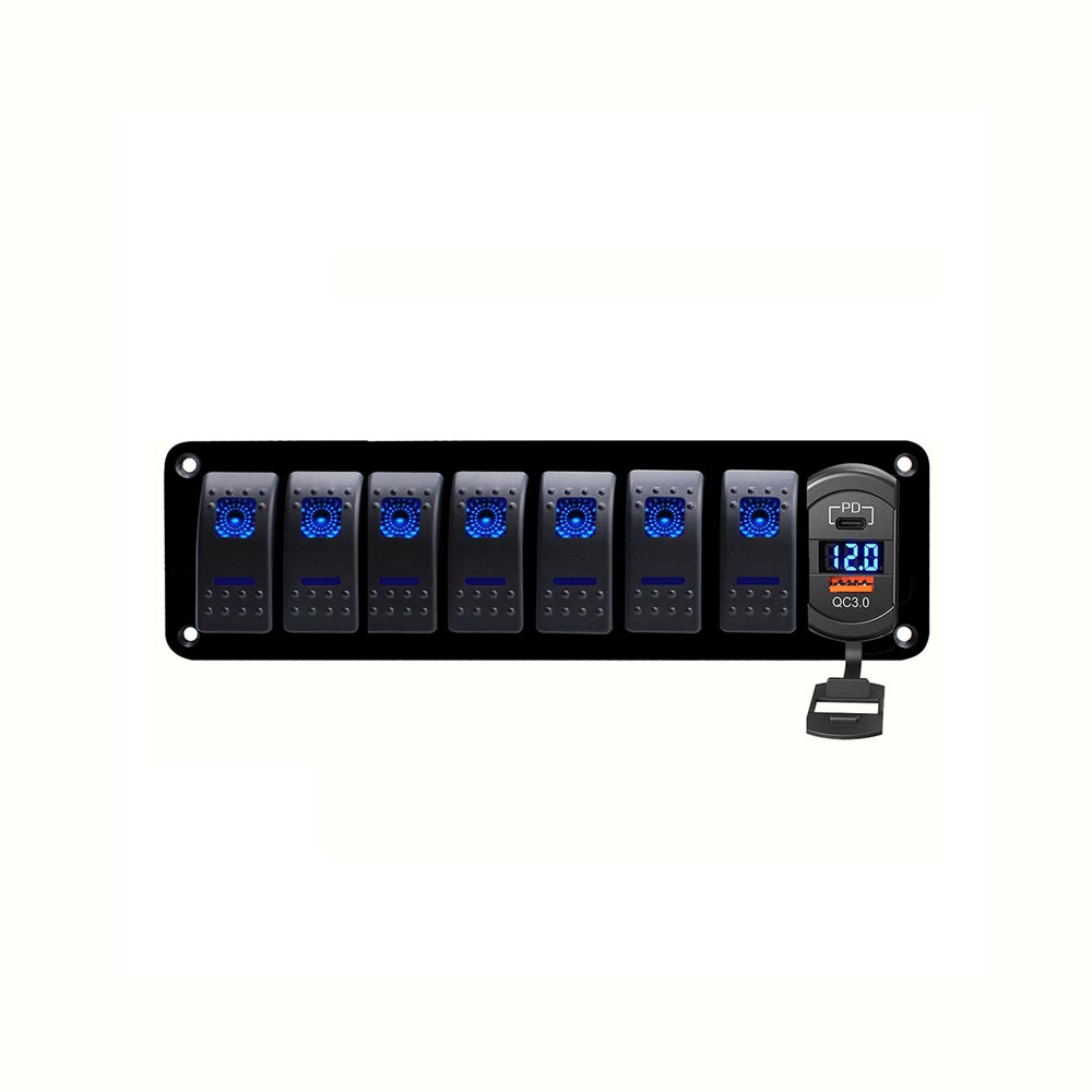 Panneau de commutation combiné étanche à 7 gangs avec deux ports USB QC3.0 + affichage PD pour bateau de voiture - Lumière bleue