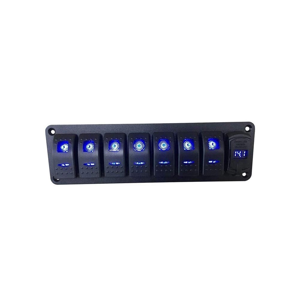Panel De Interruptor De Combinación De 7 Bandas A Prueba De Agua Con Puertos USB Duales QC3.0 + Pantalla PD Para Barco De Coche - Luz Azul
