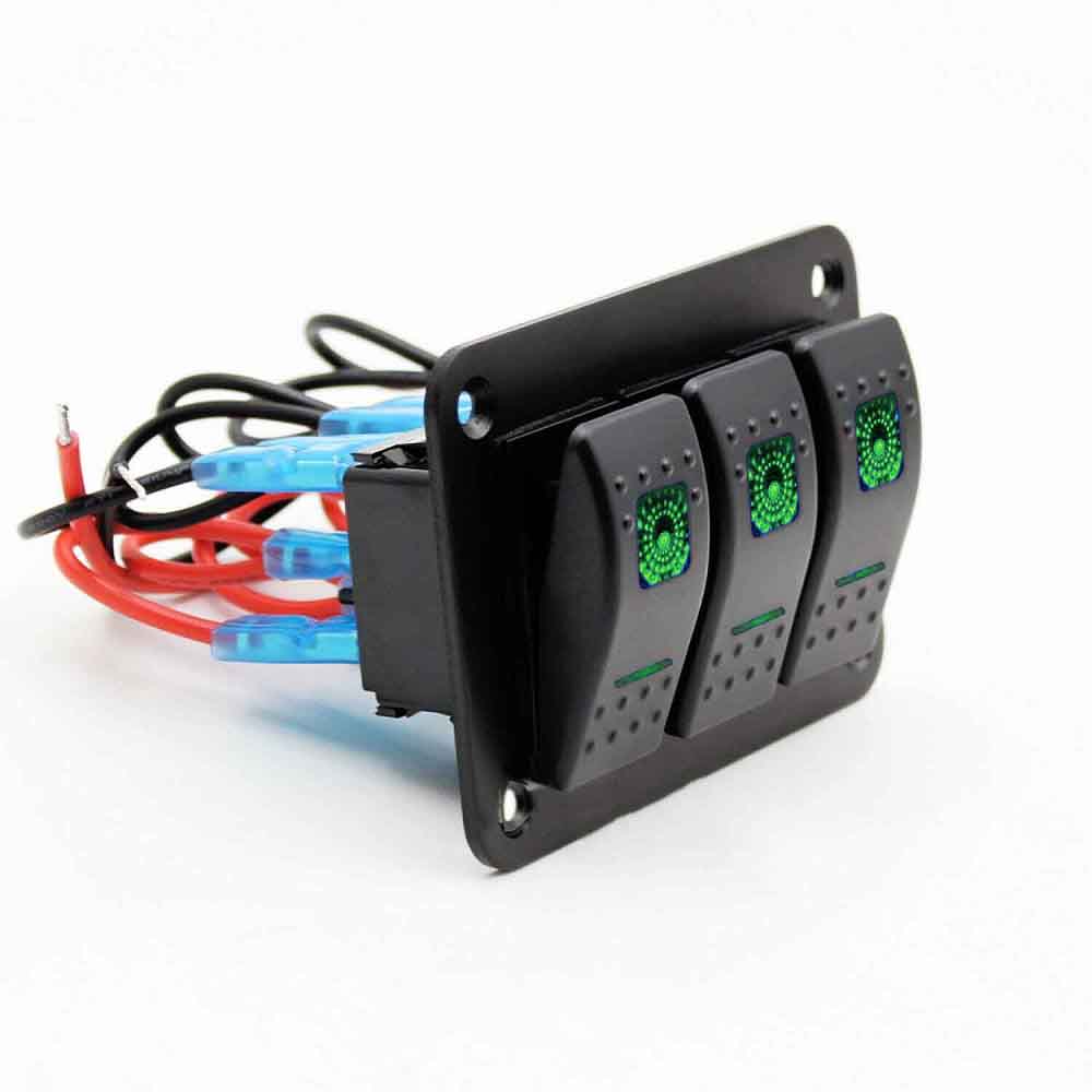 3 Gang Rocker Switch Panel for Cars Trucks Boats ATVs DC12 24V with Green Lighting