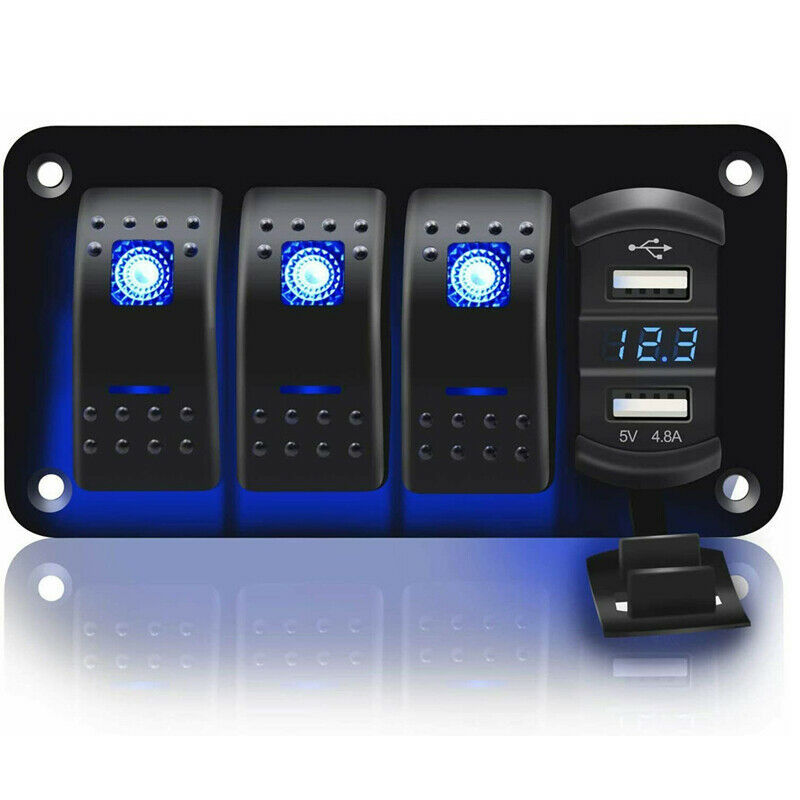 Panel de interruptores de 3 vías para yates, automóviles, vehículos recreativos, toma de corriente USB dual con LED azul