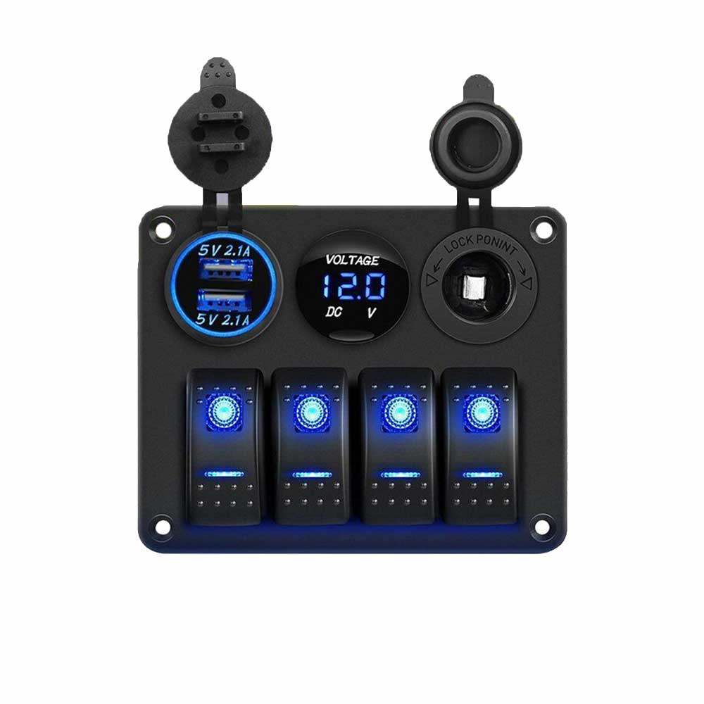 4 Gang Combo Panel Switch Assemblage de Style Bateau pour Caravanes RVs Voitures avec Double USB Allume-Cigare Bleu LED