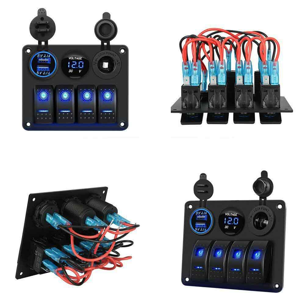 4 Gang Combo Panel Switch Boat Style Assembly for Caravans RVs Cars with Dual USB Cigarette Lighter Blue LED