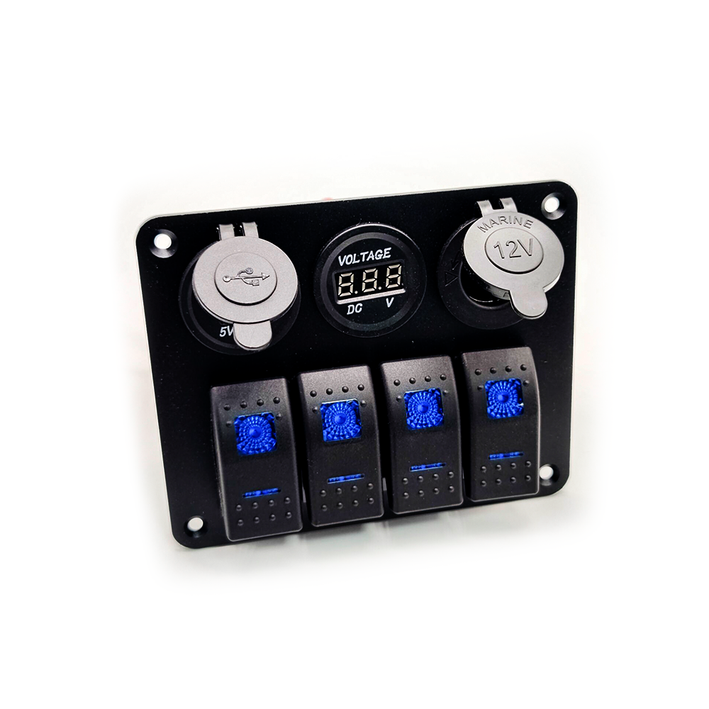 4 Gang Combo Panel Switch Assemblage de Style Bateau pour Caravanes RVs Voitures avec Double USB Allume-Cigare Bleu LED