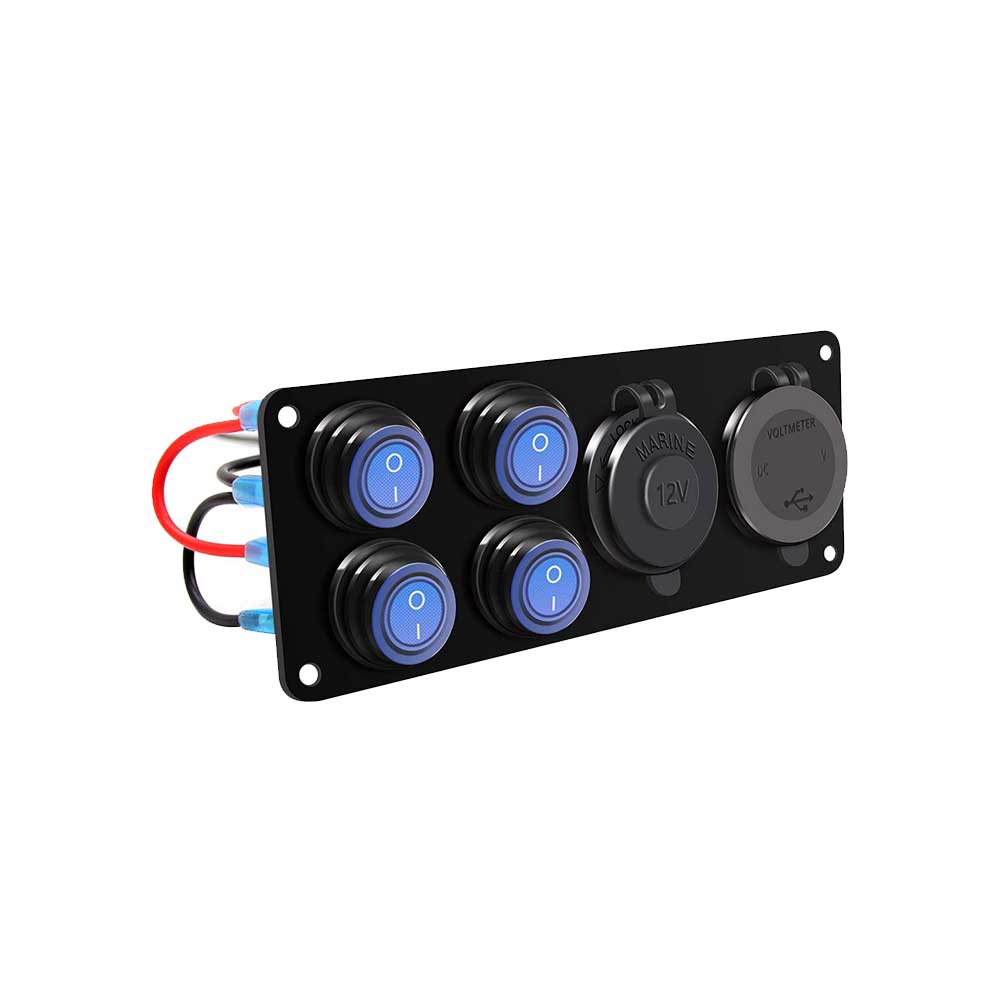 Panel de interruptor basculante de 4 bandas con control de energía del automóvil Cargador de automóvil dual USB a prueba de agua QC3.0 con pantalla digital - Luz azul
