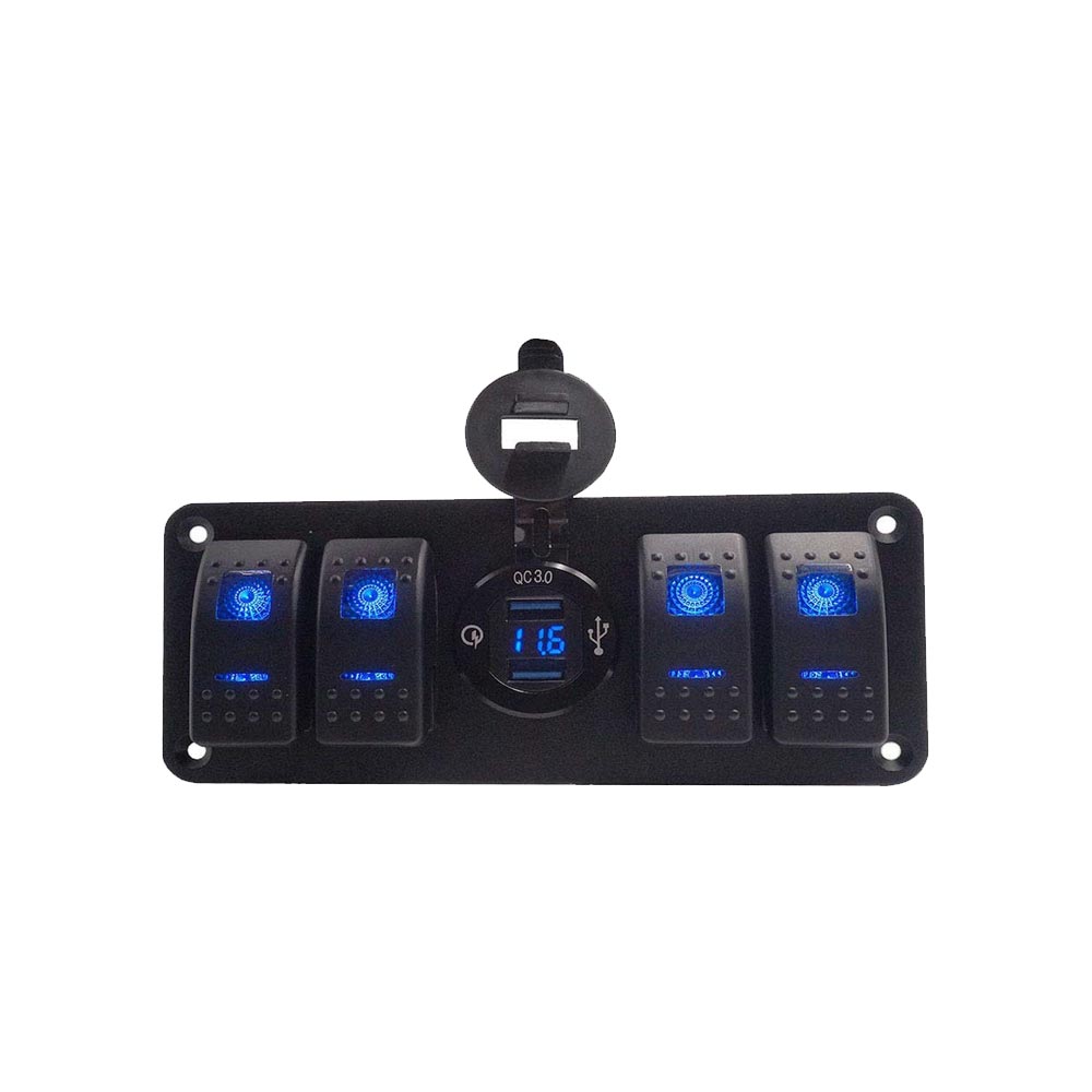 Pannello interruttori per auto a 4 vie con controller di alimentazione per auto con display di tensione del caricatore del telefono USB doppio QC3.0 - retroilluminazione blu