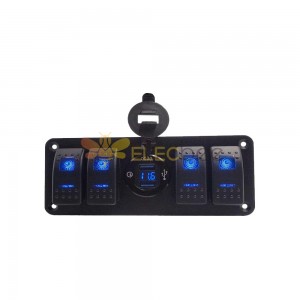 Painel de controle do carro de 4 vias com USB QC3.0 duplo Carregador de telefone Visor de tensão Controlador de energia do carro - Luz de fundo azul