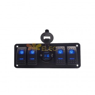 Painel de controle do carro de 4 vias com USB QC3.0 duplo Carregador de telefone Visor de tensão Controlador de energia do carro - Luz de fundo azul