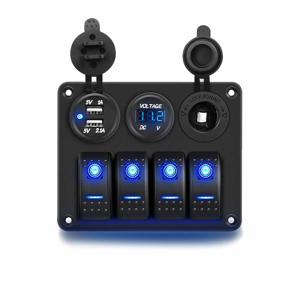 Painel de interruptores combinado de 4 vias com carregamento USB duplo Tela colorida Voltímetro Isqueiro LED Luz azul
