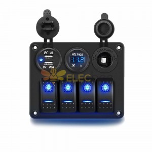 4 Way Combo Switch Panel with Dual USB Charging Color Screen Voltmeter Cigarette Lighter LED Blue Light