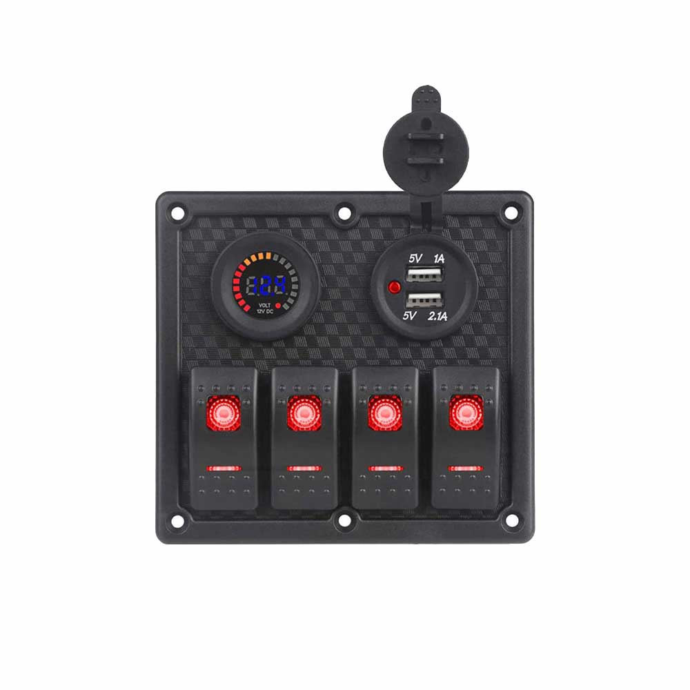 4 Way Toggle Switch Panel for Cars Buses Boats with Dual USB 4.2A Car Charger Color Screen Voltage Meter -Red Backlight