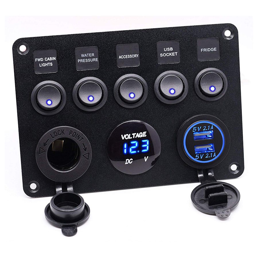 Blaue LED 5 Gang Boot Wippschalter Panel Wasserdicht Marine 12 V für Auto Wohnmobil LKW mit Unterbrecher 4,2 A Dual USB Port Voltmeter