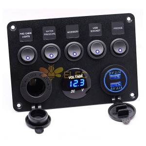 5 Gang Boat Rocker Toggle Switch Panel Waterproof Marine 12V for Car RV Truck with Breaker 4.2A Dual USB Port Voltmeter Blue Led