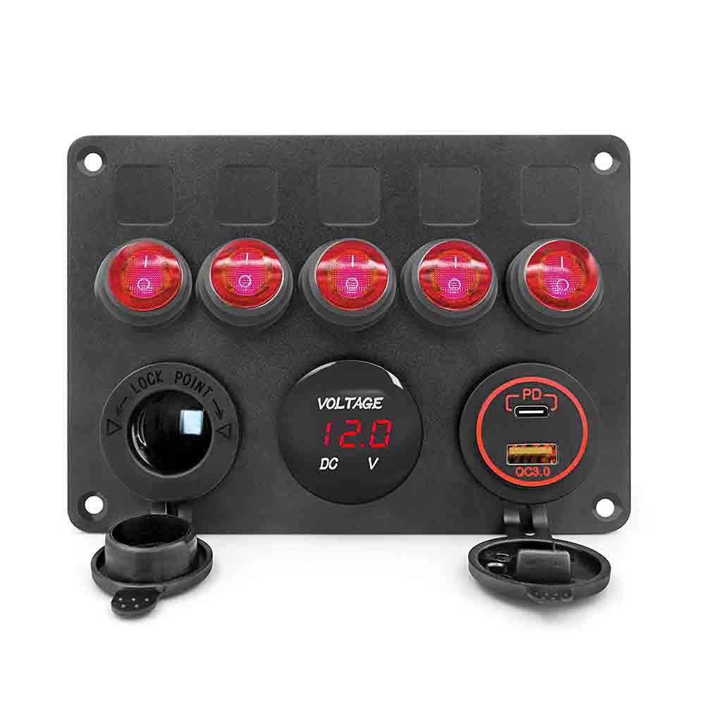 5 Gang Cat Eye Rocker Switch Pannello combinato con doppio misuratore di tensione USB PD3.0 Accendisigari a ricarica rapida per camper Yacht - Luce rossa