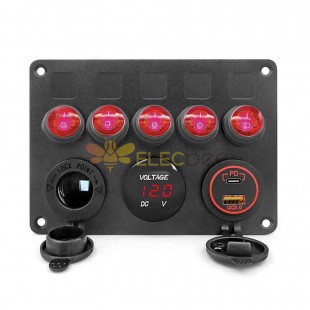 5 Gang Cat Eye Rocker Switch Combination Panel مع USB مزدوج مقياس جهد PD3.0 ولاعة سجائر شحن سريع لليخوت RVs - أحمر فاتح