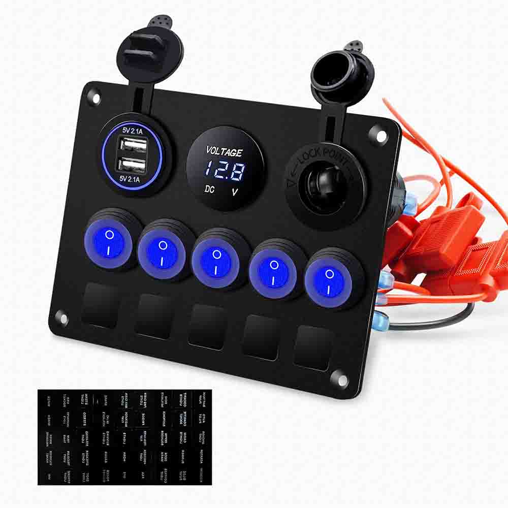 Painel de interruptores basculantes 5 Gang Cat Eye com exibição de voltagem USB dupla luz azul à prova d\'água para carros, trailers, barcos