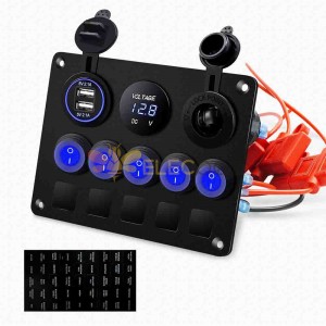 5 Gang Cat Eye Rocker Switch Panel with Dual USB Voltage Display Waterproof Blue Light for Cars RVs Boats