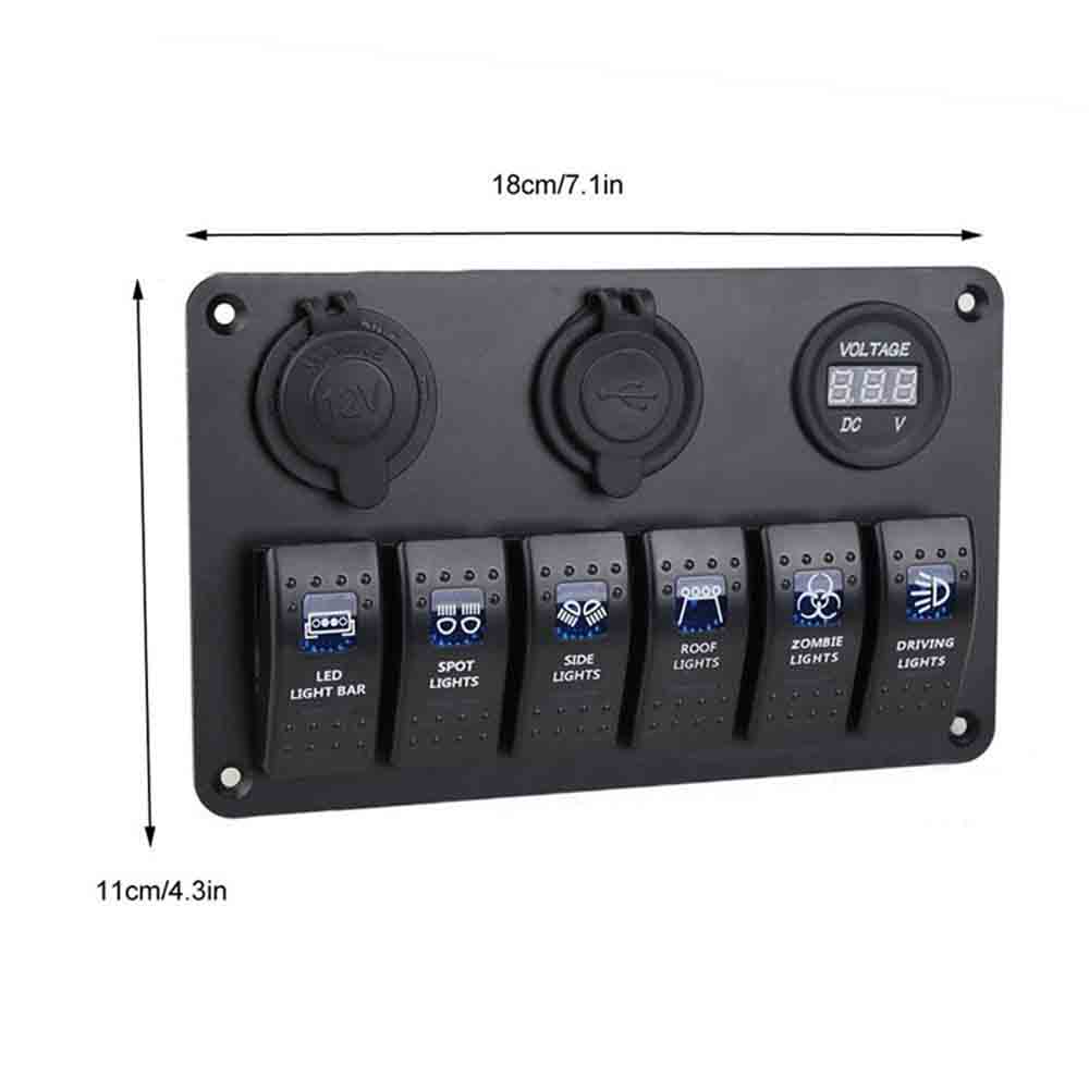 Panel de interruptor de combinación de 6 bandas para coches, barcos, yates con pantalla de voltaje USB Dual DC12 24V, encendedor de cigarrillos, brillo azul
