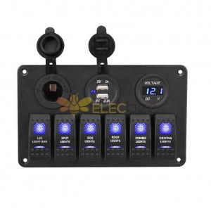 6 Gang Combination Switch Panel for Cars Boats Yachts with Dual USB Voltage Display DC12 24V Cigarette Lighter Blue Glow