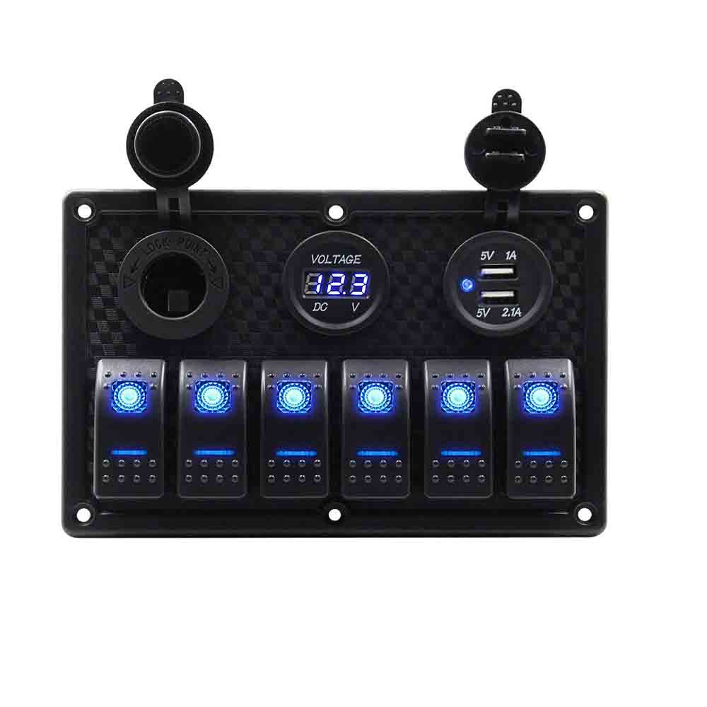 6 ギャングロッカースイッチパネル デュアル USB ポート付き 電圧計 ブルー LED 車用ヨット DC12 24V