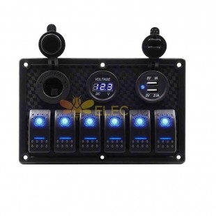 Painel de interruptores basculantes de 6 grupos com portas USB duplas Voltímetro LED azul para carro iate DC12 24V