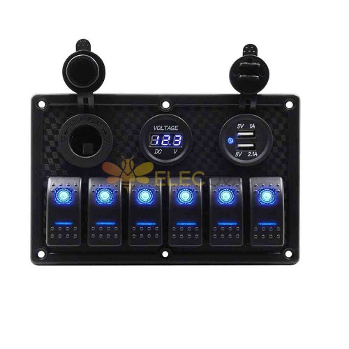 6 Gang Rocker Switch Panel with Dual USB Ports Voltmeter Blue LED for Car Yacht DC12 24V