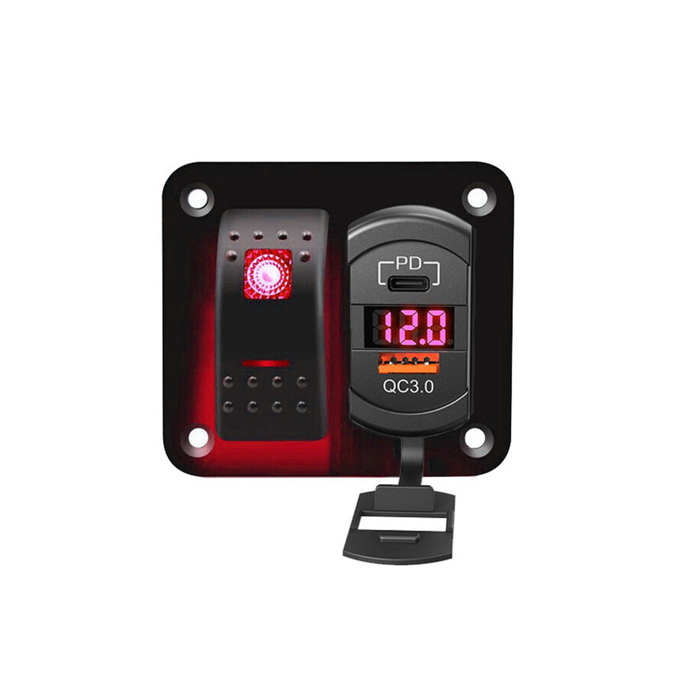 듀얼 USB 고속 충전 QC3.0 + PD 전압계 디스플레이가 있는 자동차 보트 로커 스위치 패널 빨간색 백라이트