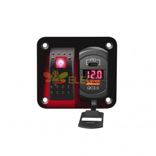 Automotive Boat Rocker Switch Panel with Dual USB Fast Charging QC3.0+PD Voltage Meter Display Red Backlight