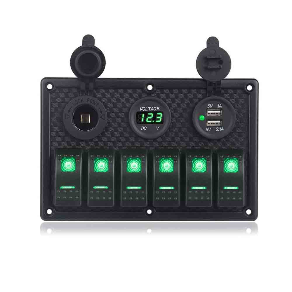 Panel de interruptores para barcos automotrices, interruptores basculantes de 6 bandas con puertos USB duales, medidor de voltaje, iluminación verde DC12 24V