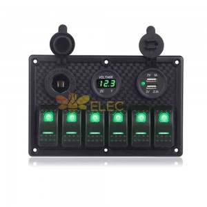 Automotive Boat Switch Panel 6 Gang Rocker Switches with Dual USB Ports Voltage Meter Green Illumination DC12 24V