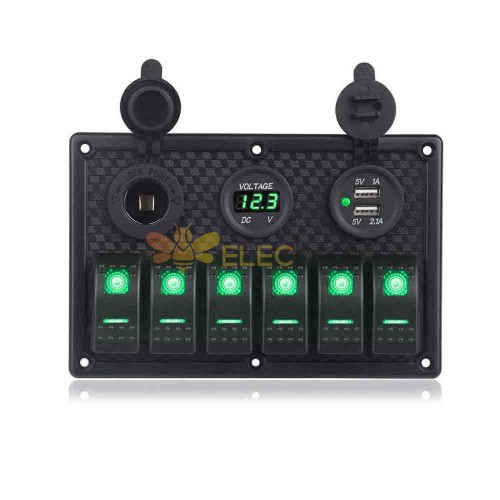Automotive Boat Switch Panel 6 Gang Rocker Switches with Dual USB Ports Voltage Meter Green Illumination DC12 24V