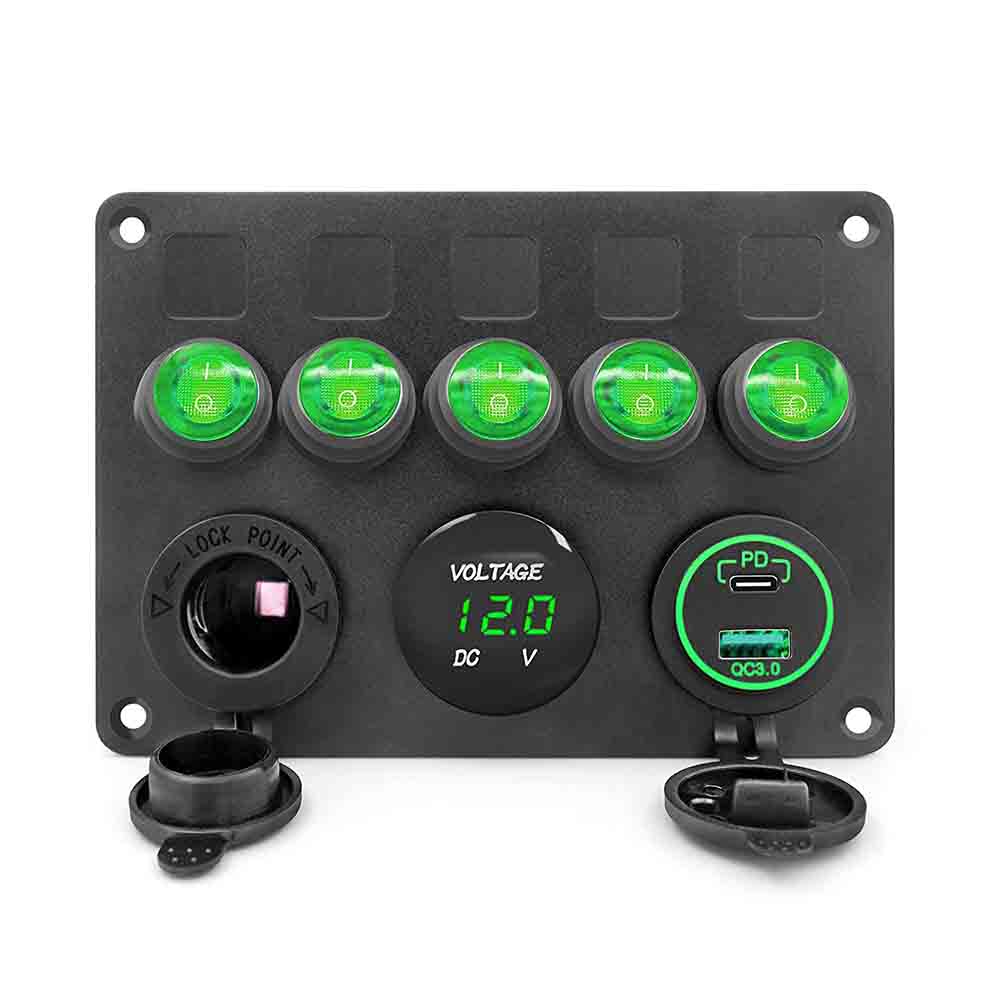 自動車用スイッチ レトロフィット 5 ギャング キャットアイ ロッカー スイッチ パネル (デュアル USB 電圧ディスプレイ PD3.0 高速充電シガー ライター付き) - グリーン ライト