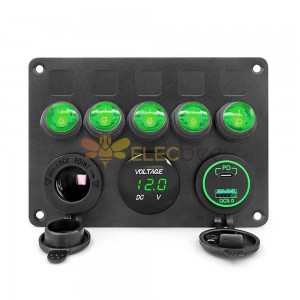 Automotive Switch Retrofit 5 Gang Cat Eye Rocker Switch Panel including Dual USB Voltage Display PD3.0 Fast Charging Cigarette Lighter -Green Light