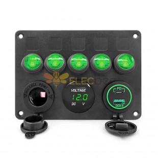 Panel de interruptor basculante de ojo de gato de 5 bandas para retroadaptación de interruptores automotrices que incluye pantalla de voltaje USB dual PD3.0 Encendedor de cigarrillos de carga rápida - Luz verde