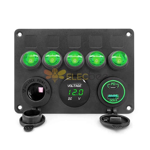 Automotive Switch Retrofit 5 Gang Cat Eye Pannello interruttore a bilanciere con doppio display di tensione USB PD3.0 Accendisigari a ricarica rapida - Luce verde