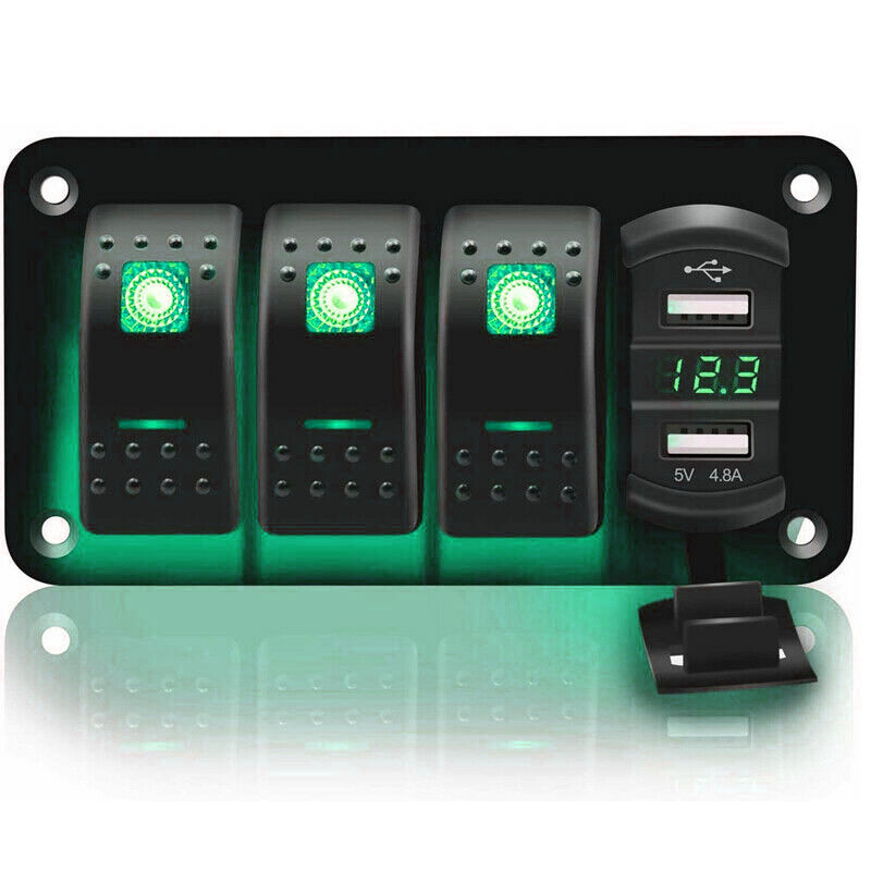 Tekne Araba RV Güç Paneli 3 USB Şarj Cihazı Yeşil LED Işık ile Anahtar Kombinasyonu