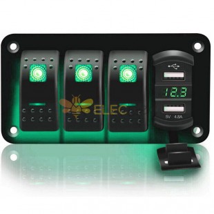 Boat Car RV Power Panel 3 Switch Combination with USB Charger Green LED Light