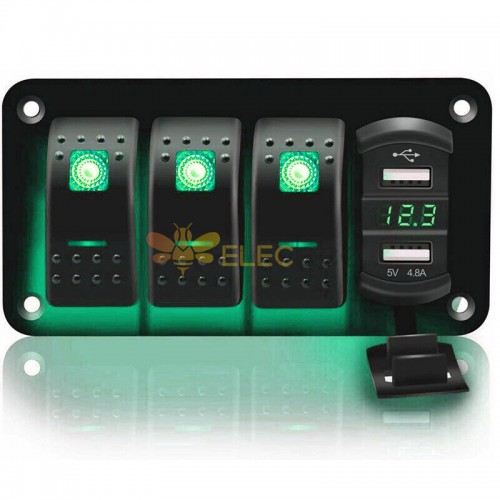Tekne Araba RV Güç Paneli 3 USB Şarj Cihazı Yeşil LED Işık ile Anahtar Kombinasyonu