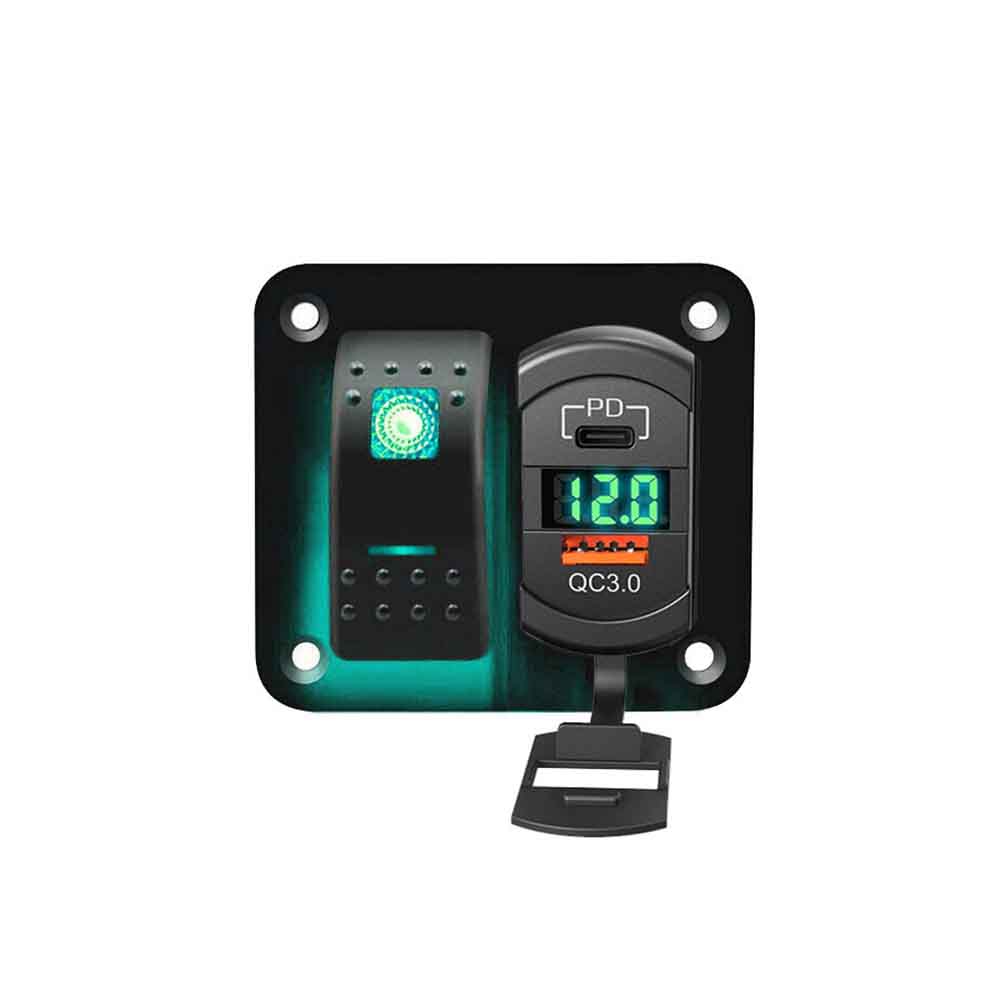 Car Boat Rocker Switch Panel Combo with Dual USB Quick Charge QC3.0+PD Digital Voltage Display Green Backlight