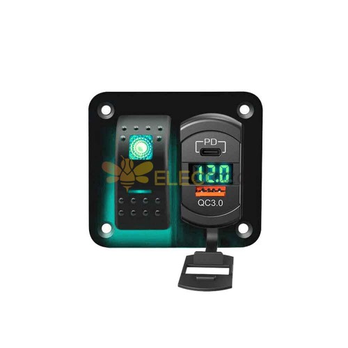 Car Boat Rocker Switch Panel Combo with Dual USB Quick Charge QC3.0+PD Digital Voltage Display Green Backlight