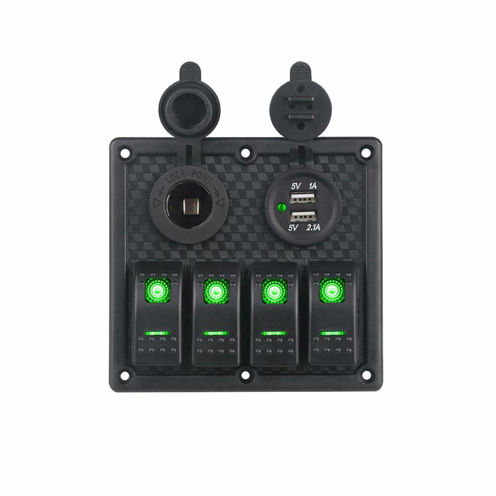 Deniz Araçları için Araba Güç Kontrol Anahtarı RVs Su Geçirmez 4 Yollu Panel Anahtarı Çift USB Araç Şarj Cihazı Çakmak Soketi Yeşil LED