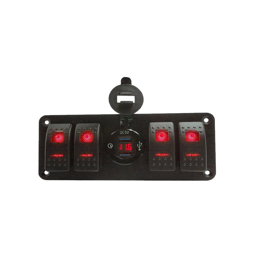 電圧表示付きカーパワーコントロール 4スイッチボート型パネル デュアルUSB QC3.0電話充電 - 赤色バックライト