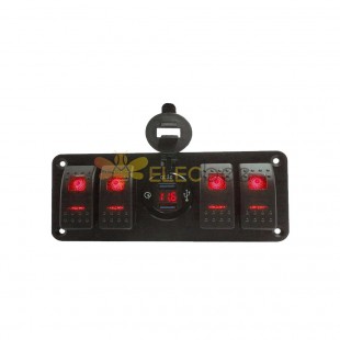 電圧表示付きカーパワーコントロール 4スイッチボート型パネル デュアルUSB QC3.0電話充電 - 赤色バックライト