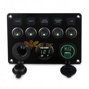 Car RV Yacht 5 Gang Cat Eye Boat Rocker Switch Panel with Dual USB Charger Voltage Meter DC12V 24V Green Light