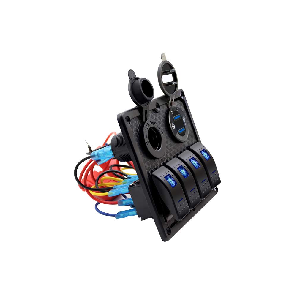 Painel de interruptores de alternância de barco de veículo de carro com 4 interruptores de grupo Dual USB 4.2A Carregador de carro Visor de voltagem colorido - Luz de fundo azul