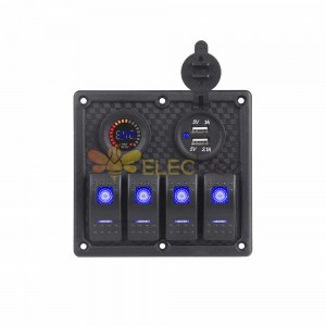 Car Vehicle Boat Toggle Switch Panel with 4 Gang Switches Dual USB 4.2A Car Charger Colorful Voltage Display -Blue Backlight