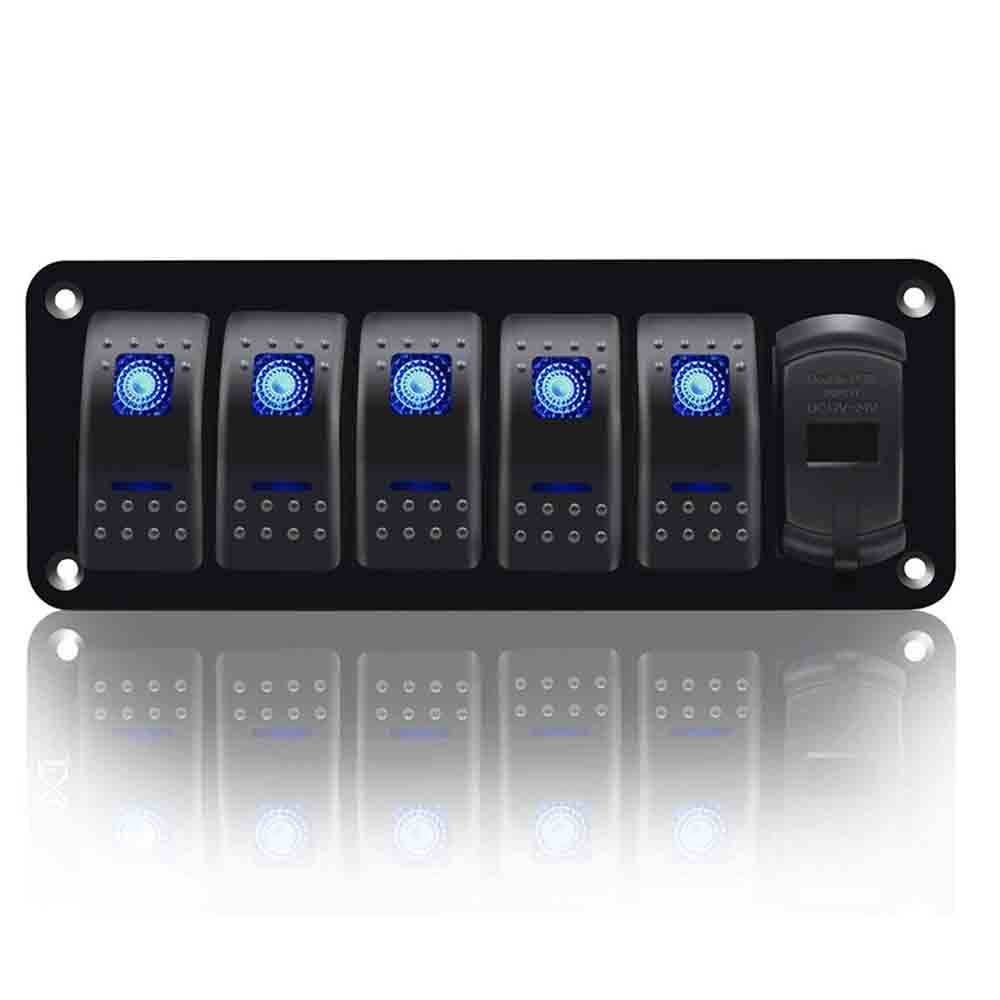 Bedienfeld für Auto, Yacht, Boot, mit 5-Wege-Kombinationsschalter, Dual-USB-Autoladegerät QC3.0 + PD DC12–24 V – blaues Licht