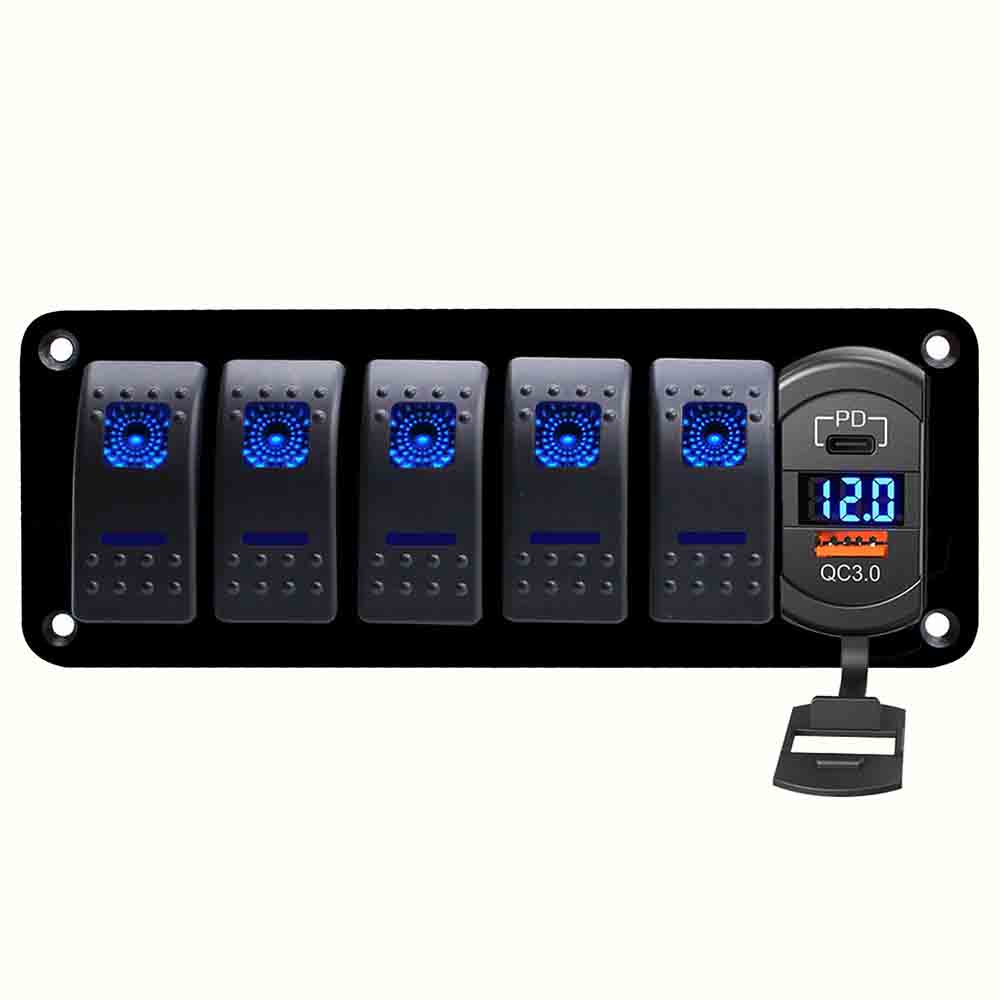 Car Yacht Boat Control Panel with 5 Way Combination Switch Dual USB Car Charger QC3.0+PD DC12-24V - Blue Light