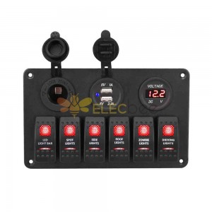 Panel de interruptores para barcos y yates de coche con 6 interruptores de palanca, medidor de voltaje USB Dual DC12 24V, encendedor de cigarrillos, LED rojo